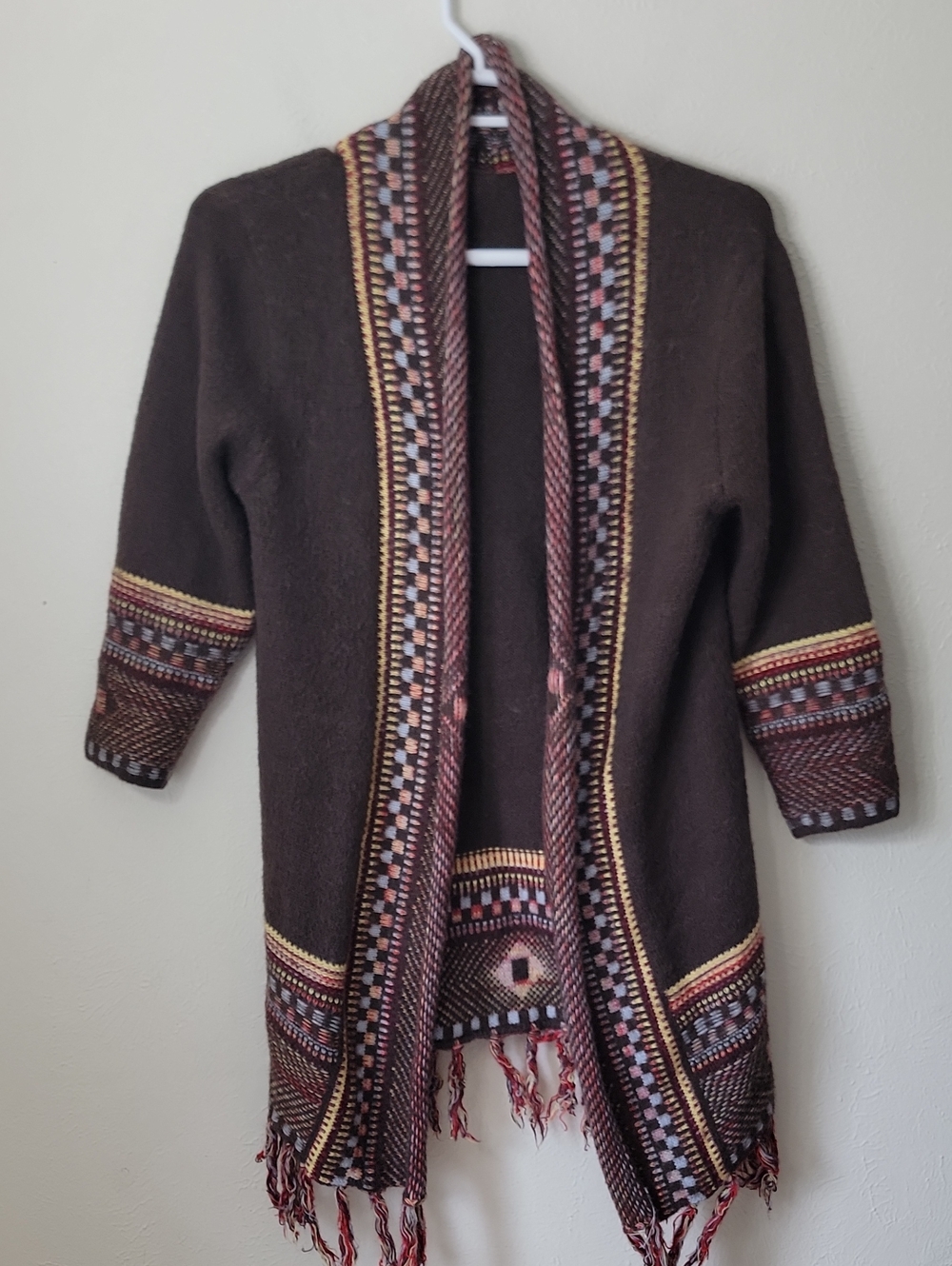 Brown Tribal Open-Front Fringe Cardigan Sweater Western Boho